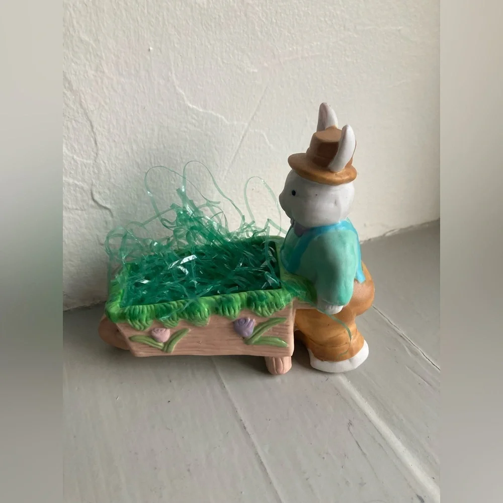 Ceramic Easter Bunny Rabbit Pushing Wheelbarrow